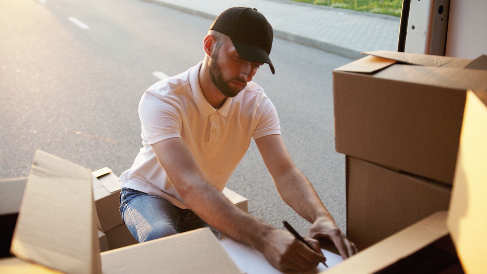 Removal driver checking paperwork on a box at the back of the moving van in the street